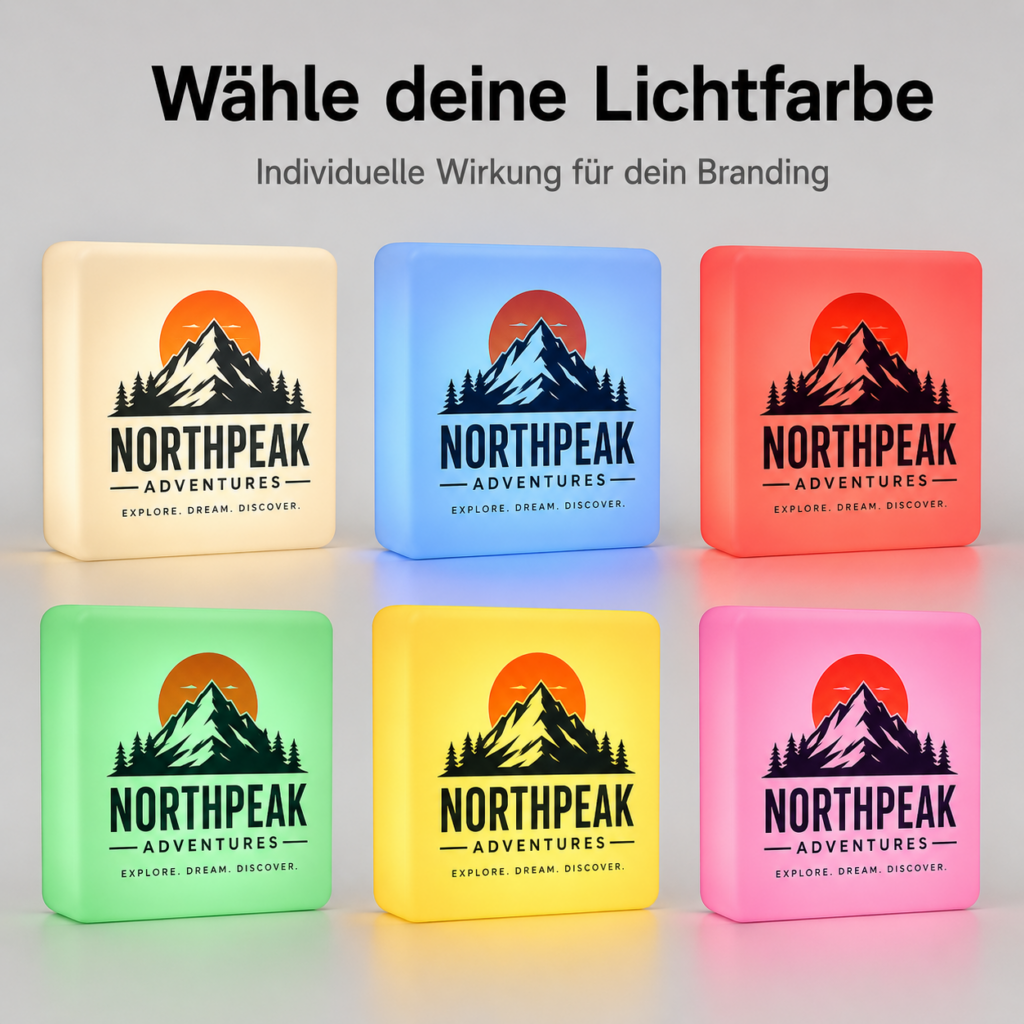 Sechs leuchtende quadratische Blöcke in verschiedenen Farben, jeweils mit Berg-Logo und Schriftzug "NORTHPEAK ADVENTURES" und Sonnen-Silhouette; Überschrift oben auf Deutsch.