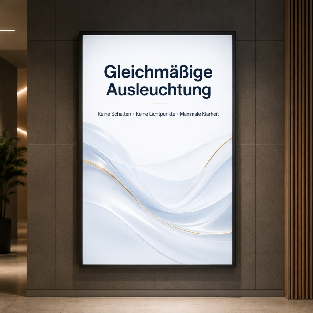 Plakat mit der Überschrift „Gleichmäßige Ausleuchtung“, kleinem Text „Keine Schatten • Keine Lichtpunkte • Maximale Klarheit“ und abstrakten blauen Wellenlinien auf weißem Hintergrund.