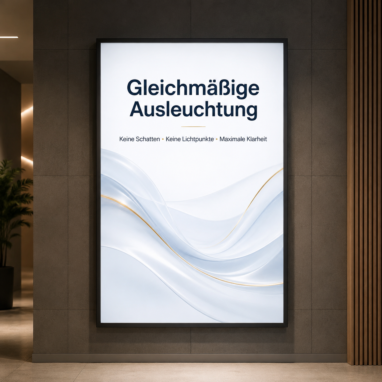 Plakat mit der Überschrift „Gleichmäßige Ausleuchtung“, kleinem Text „Keine Schatten • Keine Lichtpunkte • Maximale Klarheit“ und abstrakten blauen Wellenlinien auf weißem Hintergrund.