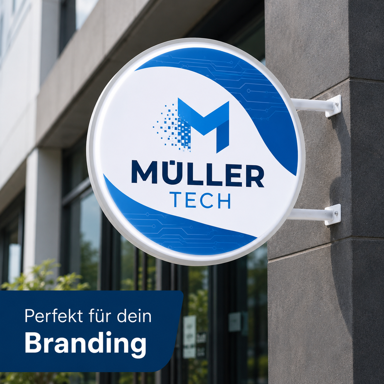 Rundes weiß-blaues Firmenschild an Hausfassade mit Logo "MÜLLER TECH" und Slogan-Badge "Perfekt für dein Branding".
