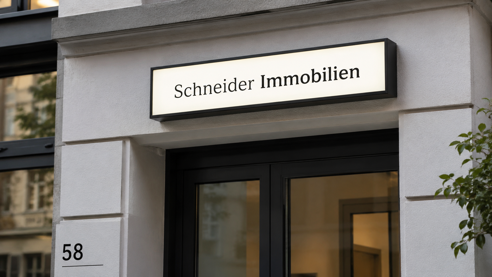 Eingangsfassade mit beleuchtetem Schild "Schneider Immobilien" über einer schwarzen Glastür und Hausnummer 58.
