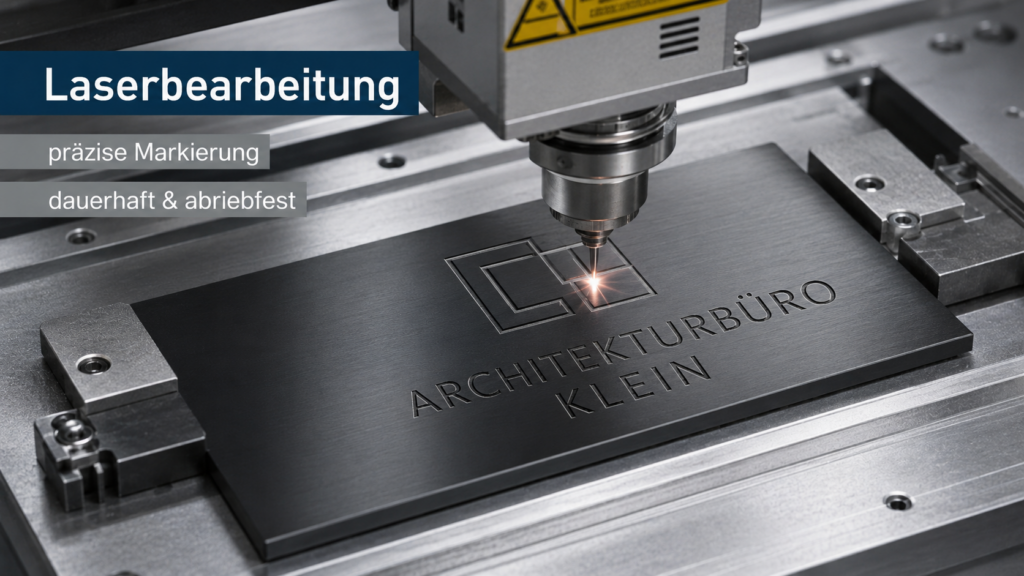 Lasergravur einer Metallplatte mit eingraviertem Logo und Schriftzug "Architekturbüro Klein", Laserstrahl sichtbar.