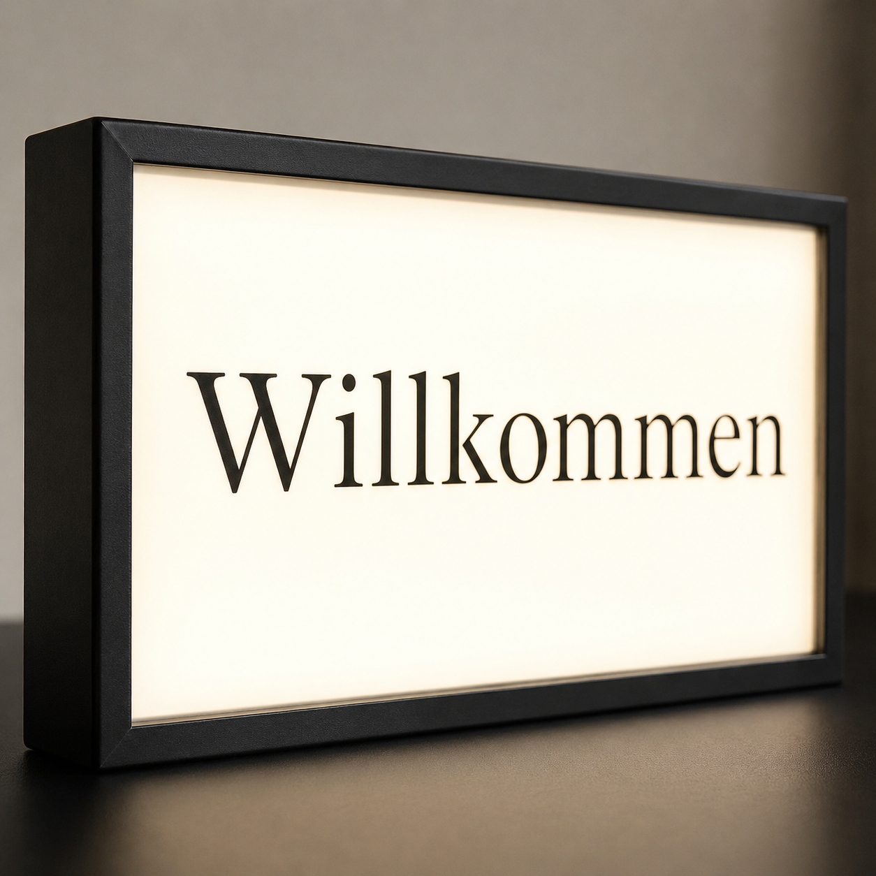Leuchtkasten mit schwarzem Rahmen auf Tisch, weißer Fläche und großem Schriftzug „Willkommen“.