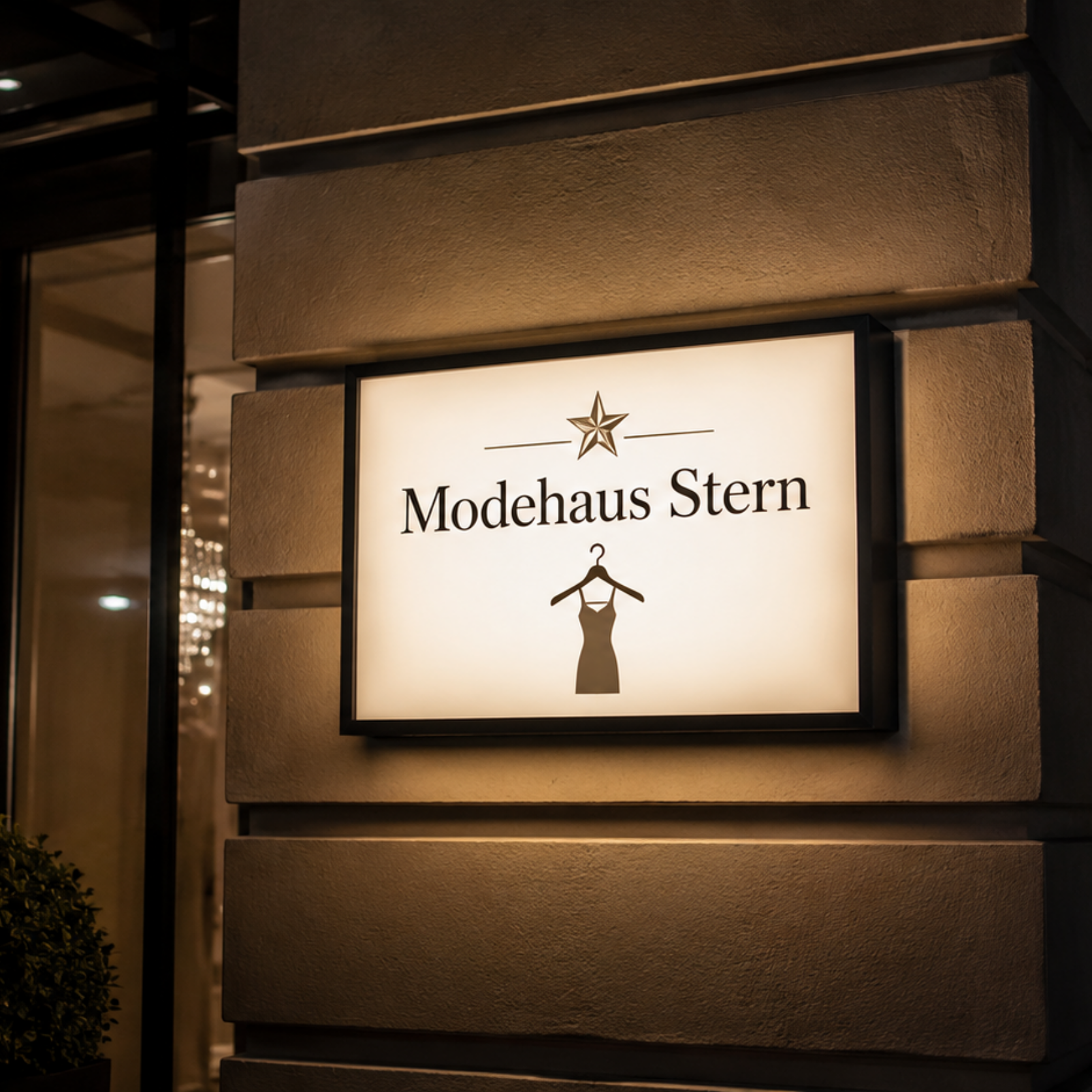 Leuchtendes Geschäftsschild mit Text "Modehaus Stern" und Kleider-Logo an einer Fassade, Nachtaufnahme einer Straßenfront.