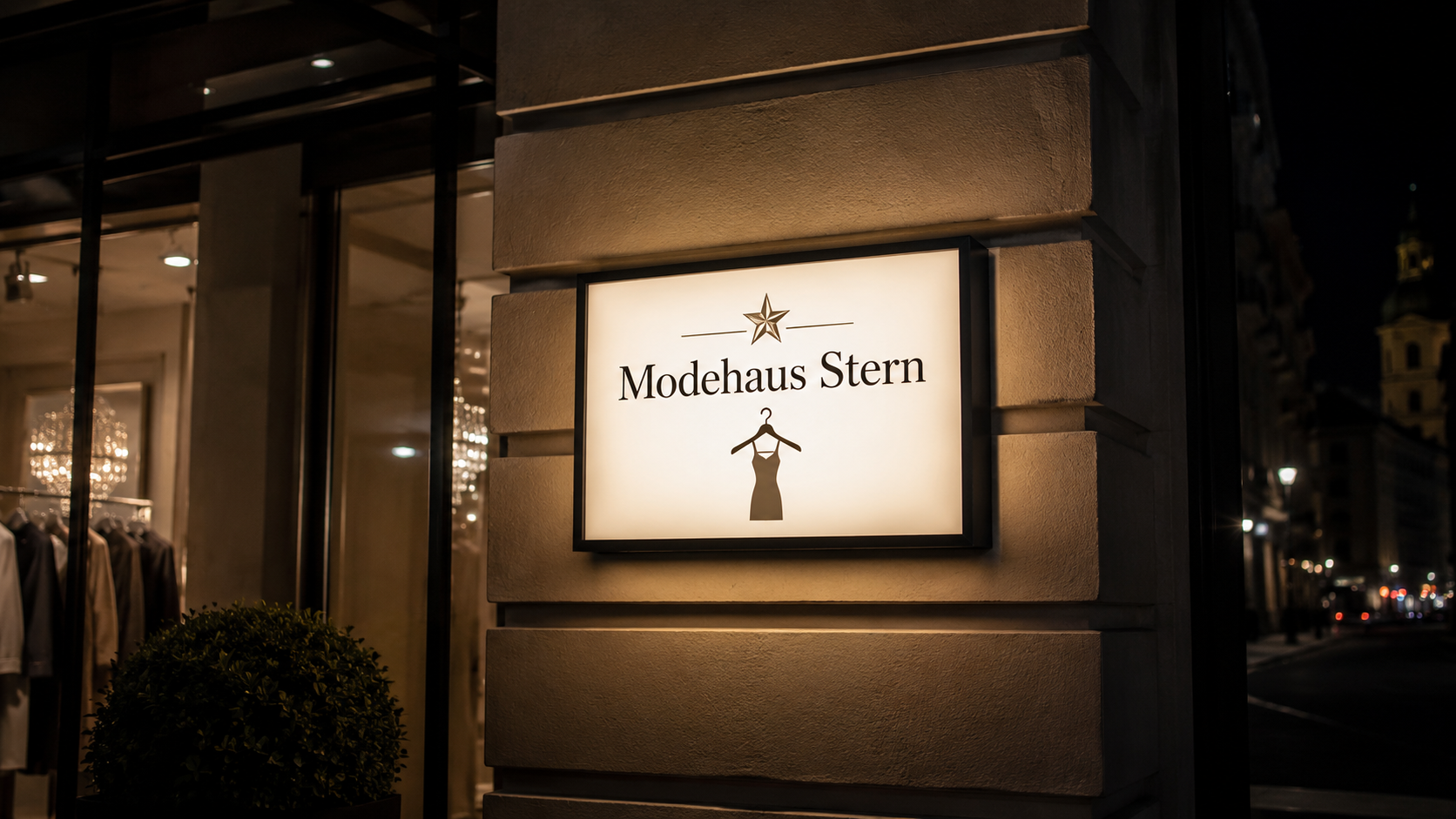 Leuchtendes Geschäftsschild mit Text "Modehaus Stern" und Kleider-Logo an einer Fassade, Nachtaufnahme einer Straßenfront.
