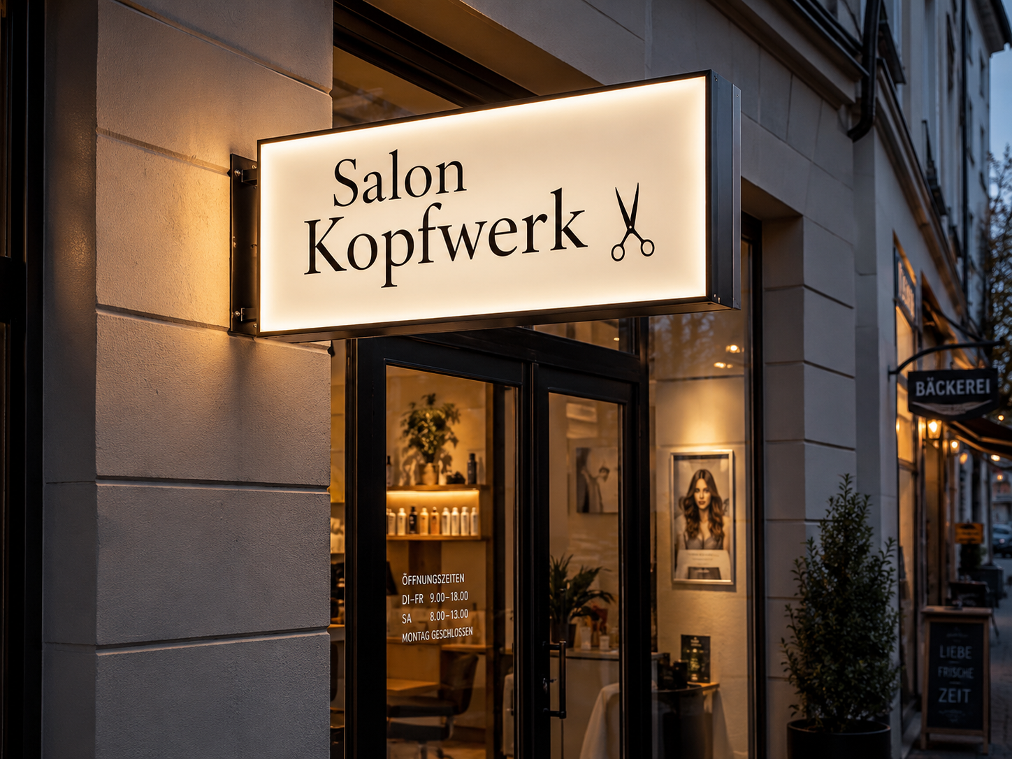 Außenansicht eines Friseursalons mit beleuchtetem Schild "Salon Kopfwerk" und Scherenlogo über dem Eingang.