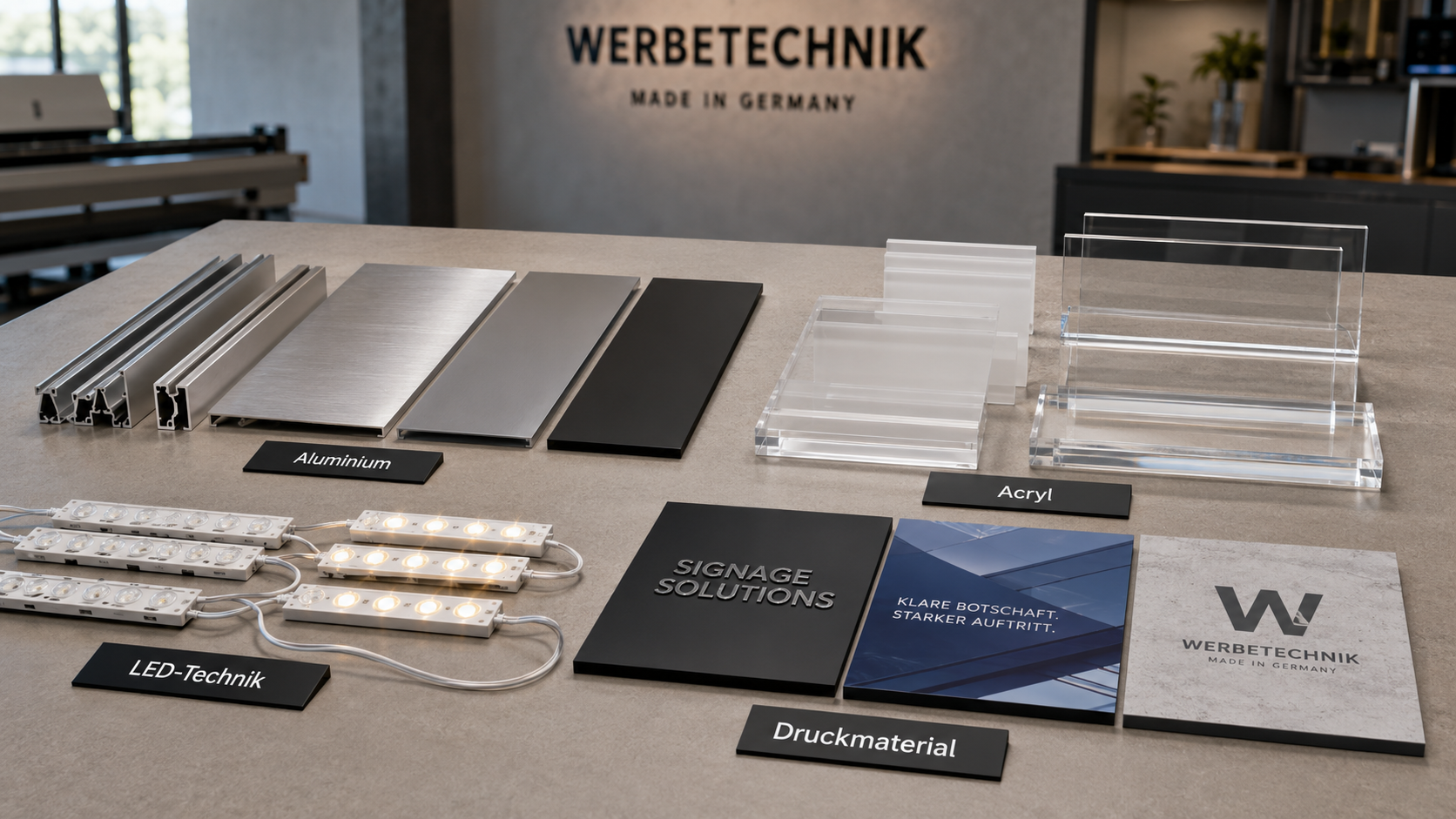Tisch mit Musterplatten und Proben für Werbetechnik: Aluminiumprofile, Acrylblöcke, LED-Module und Druckmaterialien mit Beschriftungen.