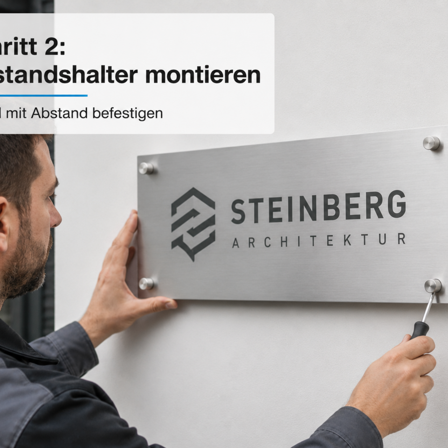 Mann schraubt mit Schraubendreher ein gebürstetes Metallschild mit Schriftzug „STEINBERG ARCHITEKTUR“ an Wand, vier Abstandshalter sichtbar.
