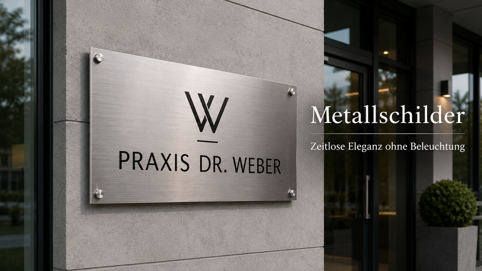 Rechteckiges gebürstetes Metallschild an grauer Fassade mit Logo und Schriftzug "PRAXIS DR. WEBER", Eingangsbereich im Hintergrund.