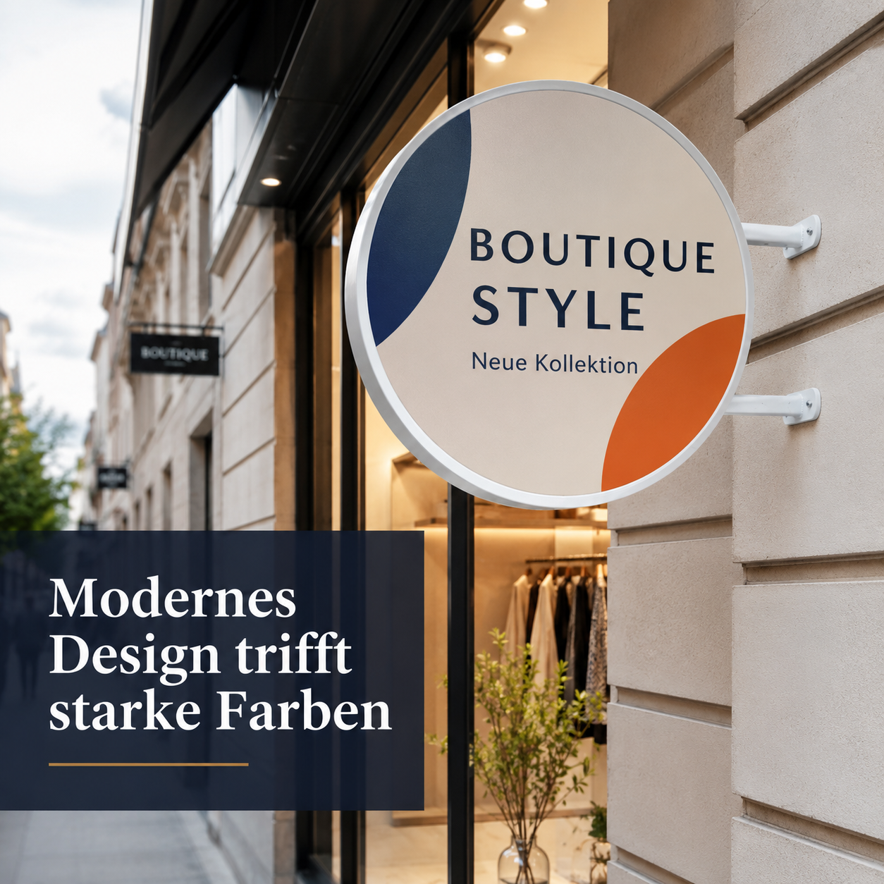 Rundes Laden-Schild mit Schrift "BOUTIQUE STYLE – Neue Kollektion" und farbigen Halbkreisen, Fassade und Schaufenster im Hintergrund.