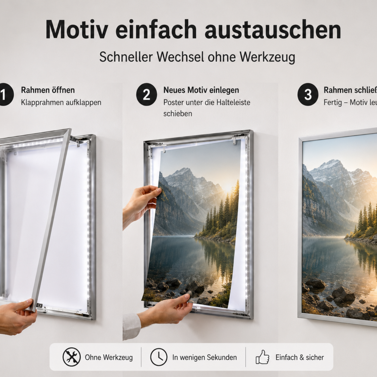 Drei Schritt-Anleitung: Klapprahmen aufklappen, Poster unter Halteleiste schieben und Rahmen schließen, fertiges beleuchtetes Bergmotiv.