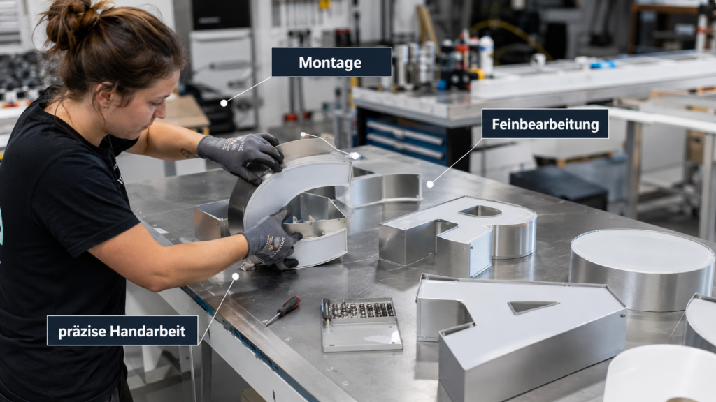 Frau in Werkstatt montiert metallene Leuchtbuchstaben auf einem Arbeitstisch; beschriftungen "Montage", "Feinbearbeitung", "präzise Handarbeit".