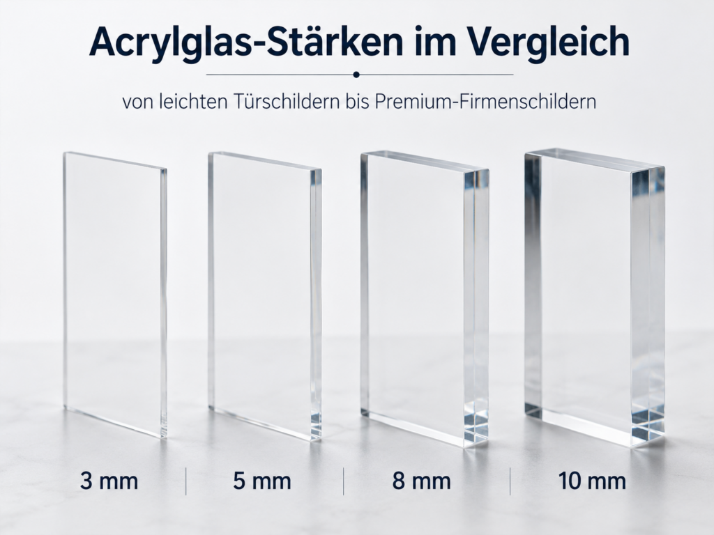 Vergleich von Acrylglasstärken mit vier transparenten Platten: 3 mm, 5 mm, 8 mm und 10 mm