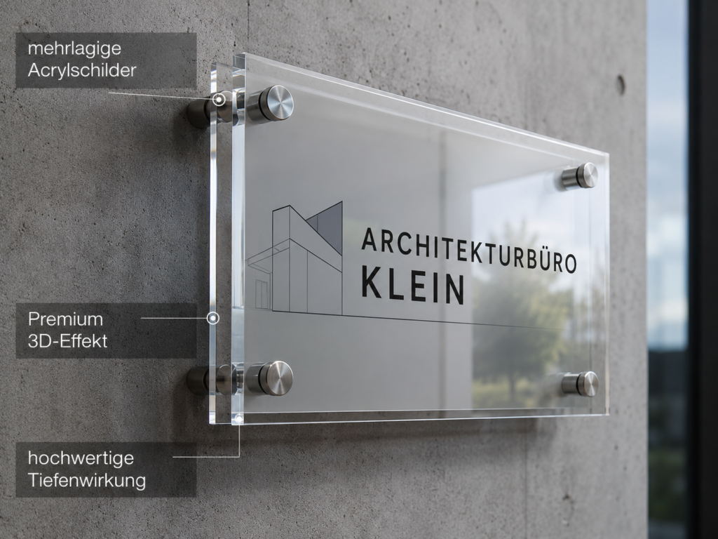 Transparentes Acrylschild mit Metallabstandshaltern an Betonwand, beschriftet mit ARCHITEKTURBÜRO KLEIN und Werbetexten links