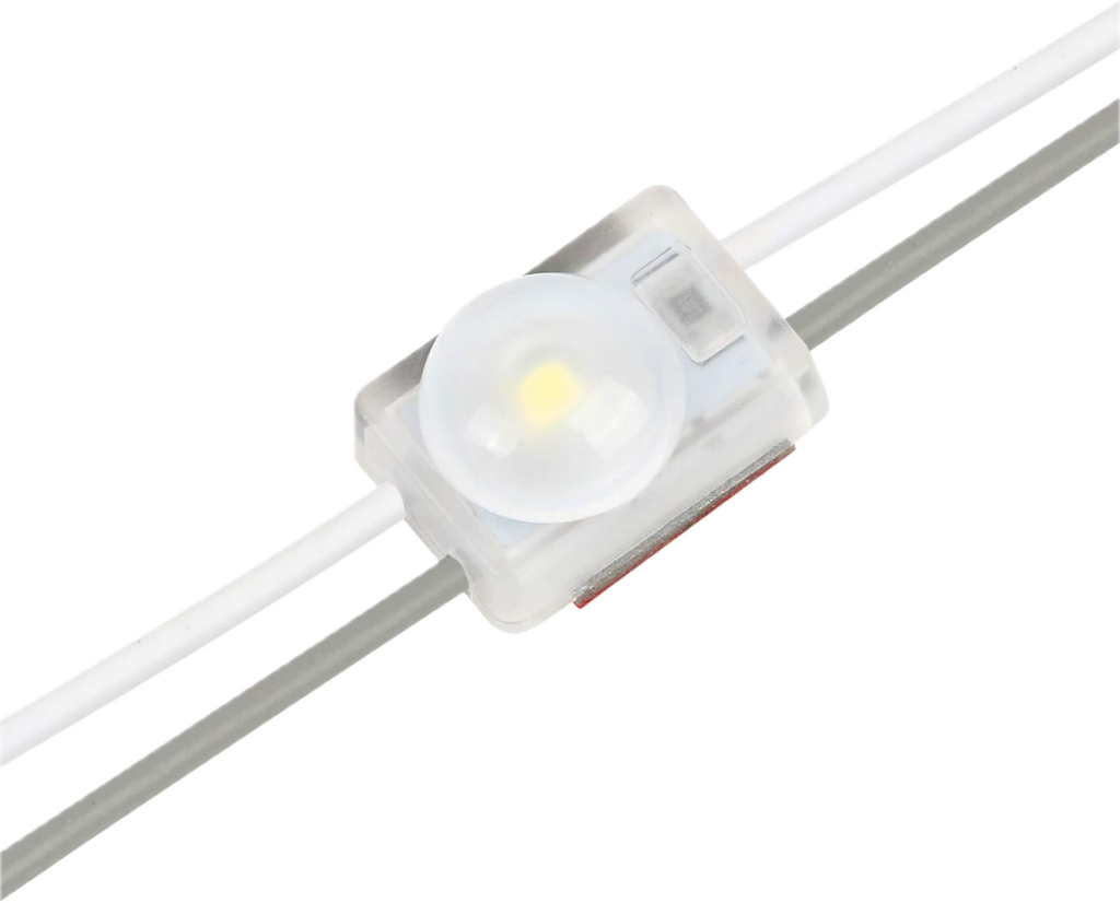 kleines rechteckiges LED-Modul mit runder Linse in der Mitte und zwei angeschlossenen dünnen weißen und grauen Drähten auf schwarzem Hintergrund