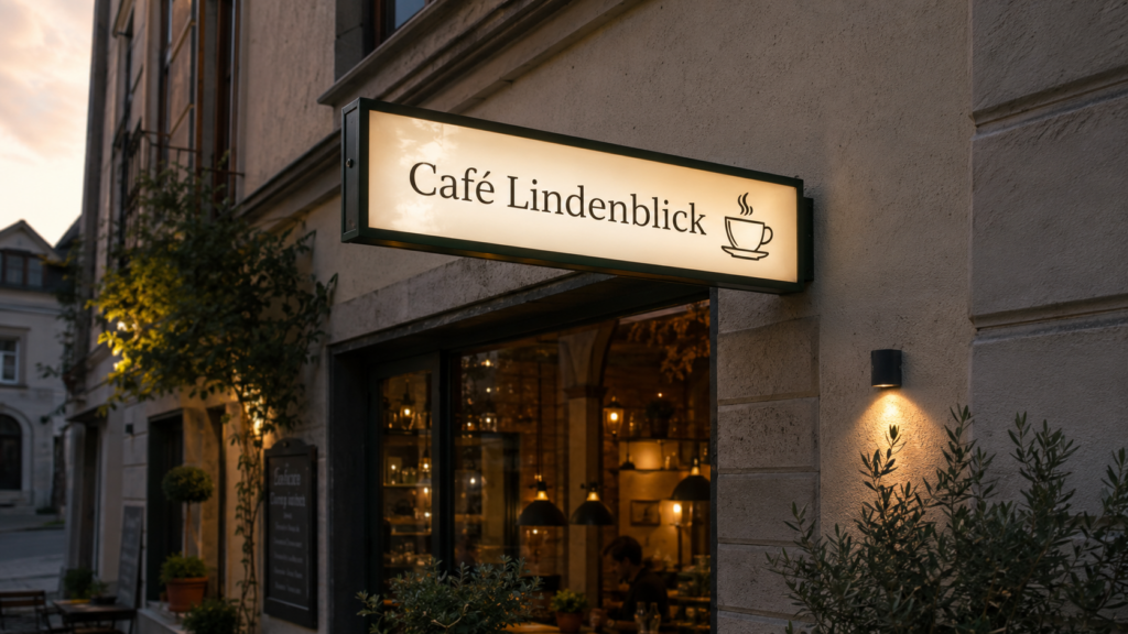 Beleuchtetes Schild „Café Lindenblick“ mit Kaffeetassensymbol über dem Eingang eines gemütlichen Straßencafés bei Dämmerung