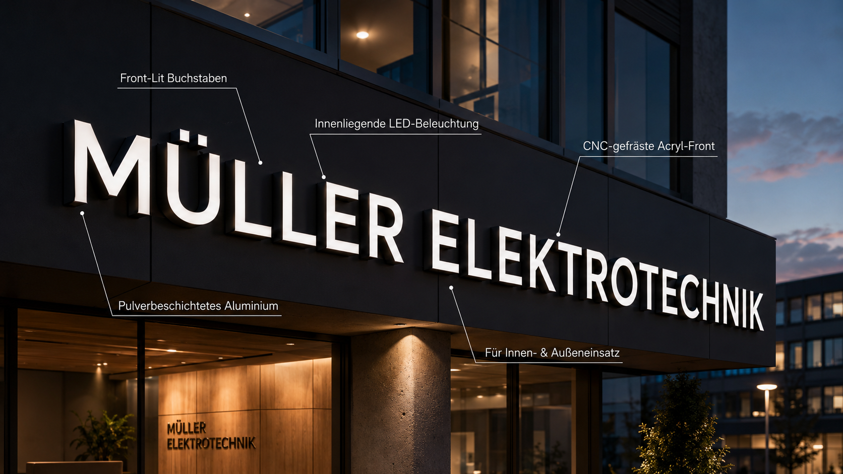 Großes beleuchtetes Firmenlogo "MÜLLER ELEKTROTECHNIK" an moderner Fassadenfront bei Dämmerung, mit Beschriftungs-Pins zu Materialien und LED-Beleuchtung.