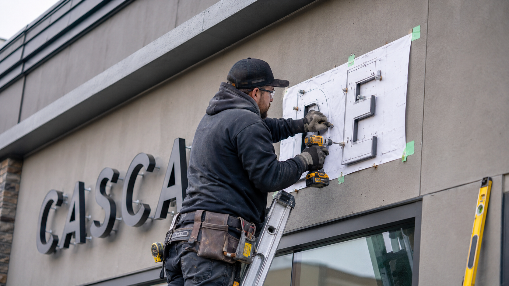 Handwerker auf Leiter montiert Metallbuchstaben an Außenfassade, hält Akku‑Bohrer und richtet Vorlage für den Buchstaben "E" aus.