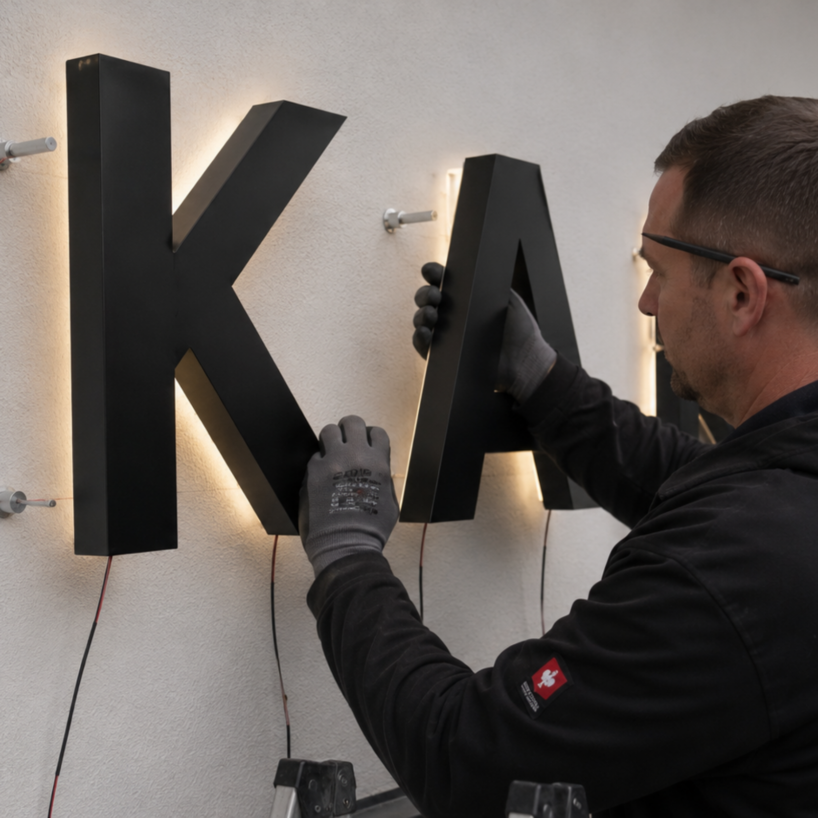 Mann mit Handschuhen montiert schwarze, hinterleuchtete Buchstaben an eine helle Außenwand, Fokus auf den Buchstaben K und A.