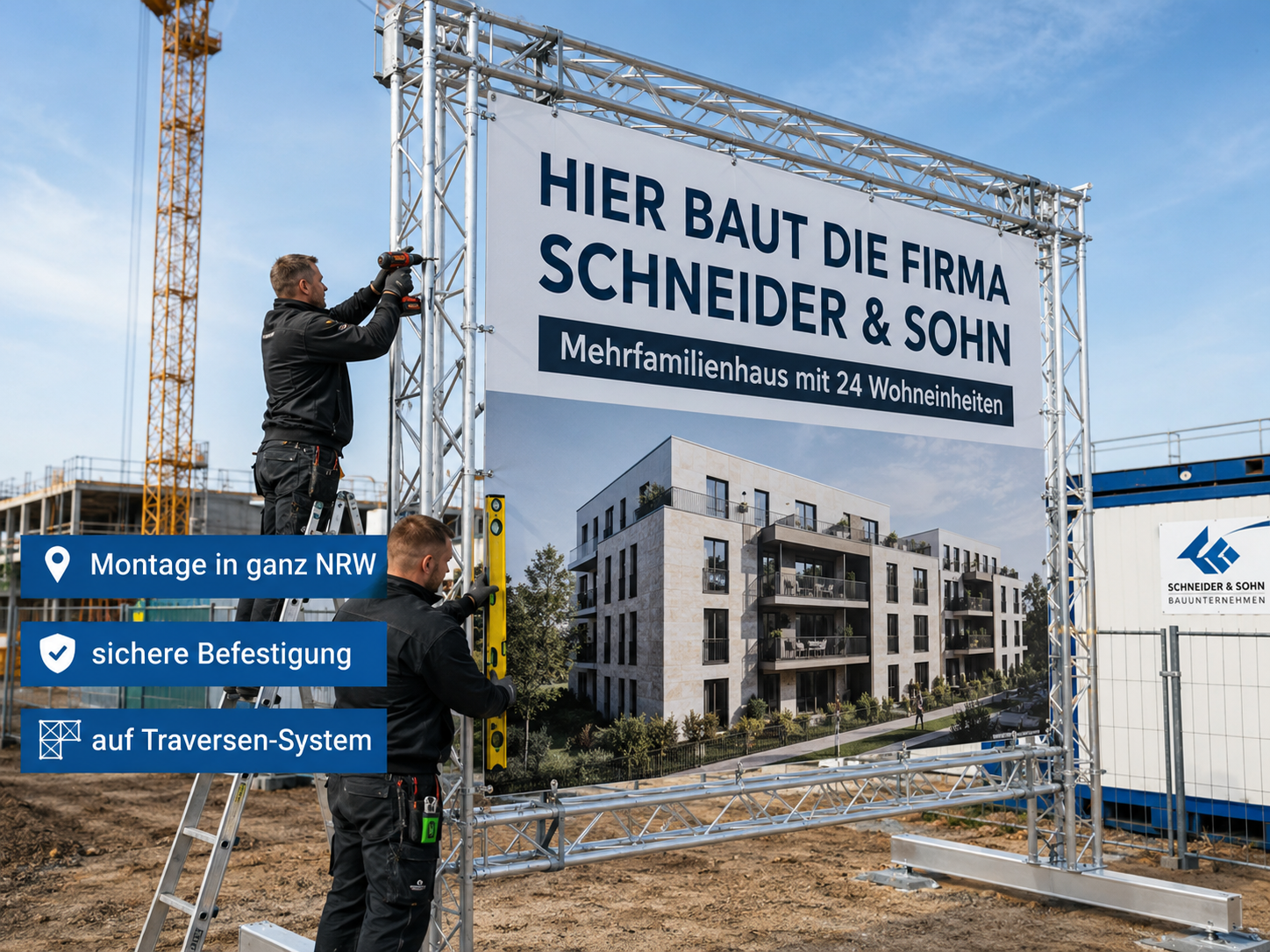 Zwei Handwerker montieren ein großes Baustellenschild mit Schriftzug "Hier baut die Firma Schneider & Sohn" an ein Aluminium-Traversensystem vor Rohbau und Kran.