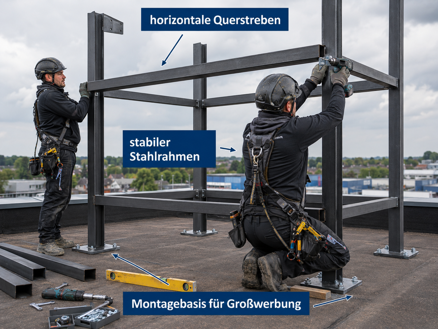 Zwei Monteure bauen einen Stahlrahmen auf dem Dach, mit Beschriftungen zu Querstreben und Montagebasis für Großwerbung