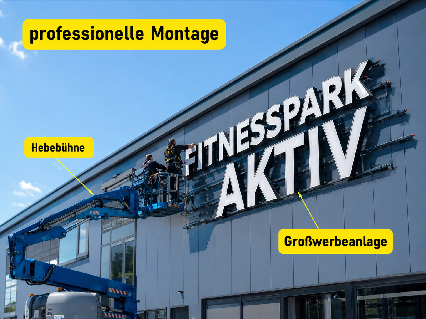 Hebebühne hebt Arbeiter zur Montage eines großen FITNESSPARK-AKTIV-Großschriftzugs an der Fassade