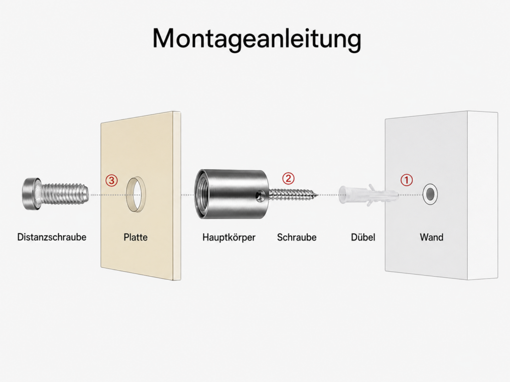 Montageanleitung: Dübel in Wand, Schraube durch Hauptkörper in Dübel, Platte auf Distanzschraube montiert, nummerierte Schritte 1–3.