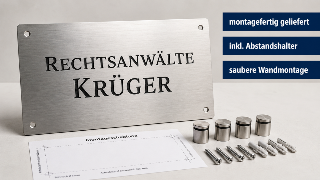 Edelstahl-Türschild mit eingraviertem Text "Rechtsanwälte Krüger", Montageschablone, Abstandshalter, Schrauben und Wanddübel vor hellgrauem Hintergrund.