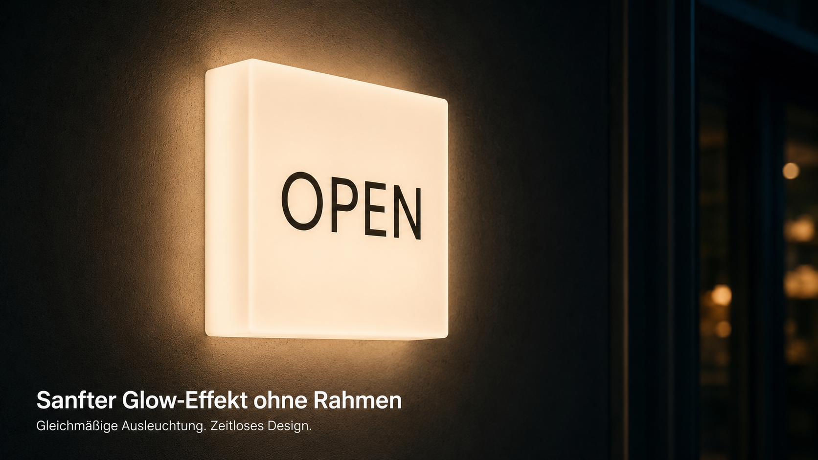 Leuchtendes quadratisches Schild mit schwarzer Aufschrift "OPEN" an dunkler Wand, sanfter warmweißer Glow-Rand.