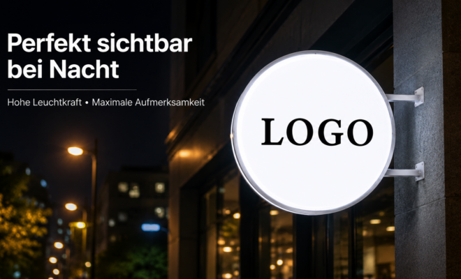 Rundes, beleuchtetes Ladenschild mit schwarzem Schriftzug "LOGO" an einer Hauswand bei Nacht, im Hintergrund Straßenlampen und Gebäude.