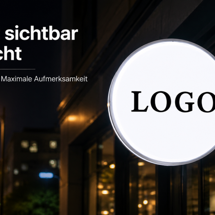 Rundes, beleuchtetes Ladenschild mit schwarzem Schriftzug "LOGO" an einer Hauswand bei Nacht, im Hintergrund Straßenlampen und Gebäude.