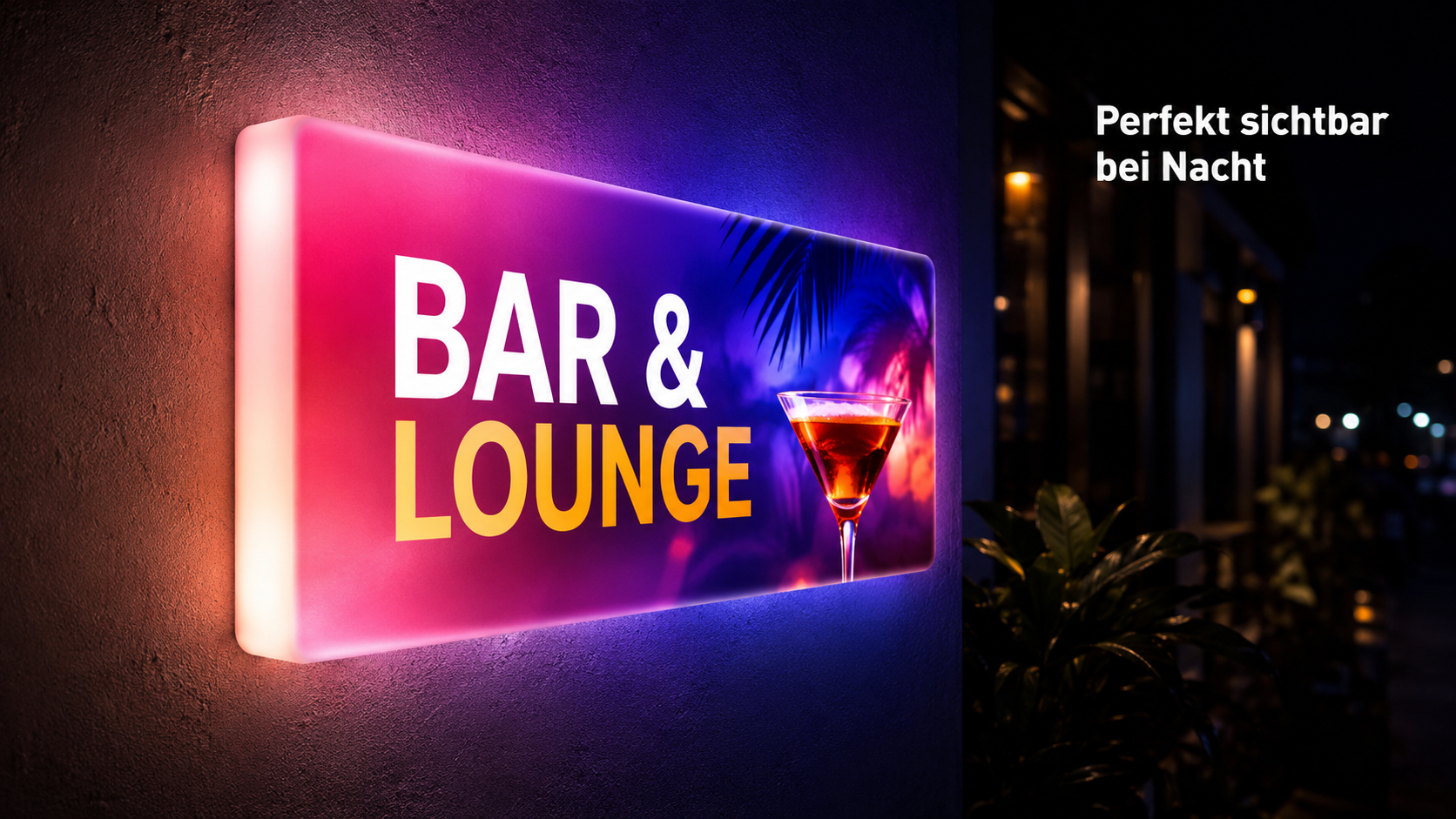 Leuchtendes, rechteckiges Bar-&-Lounge-Schild in Pink und Blau mit Cocktailglas und dem Text "Bar & Lounge", an einer Hauswand bei Nacht.