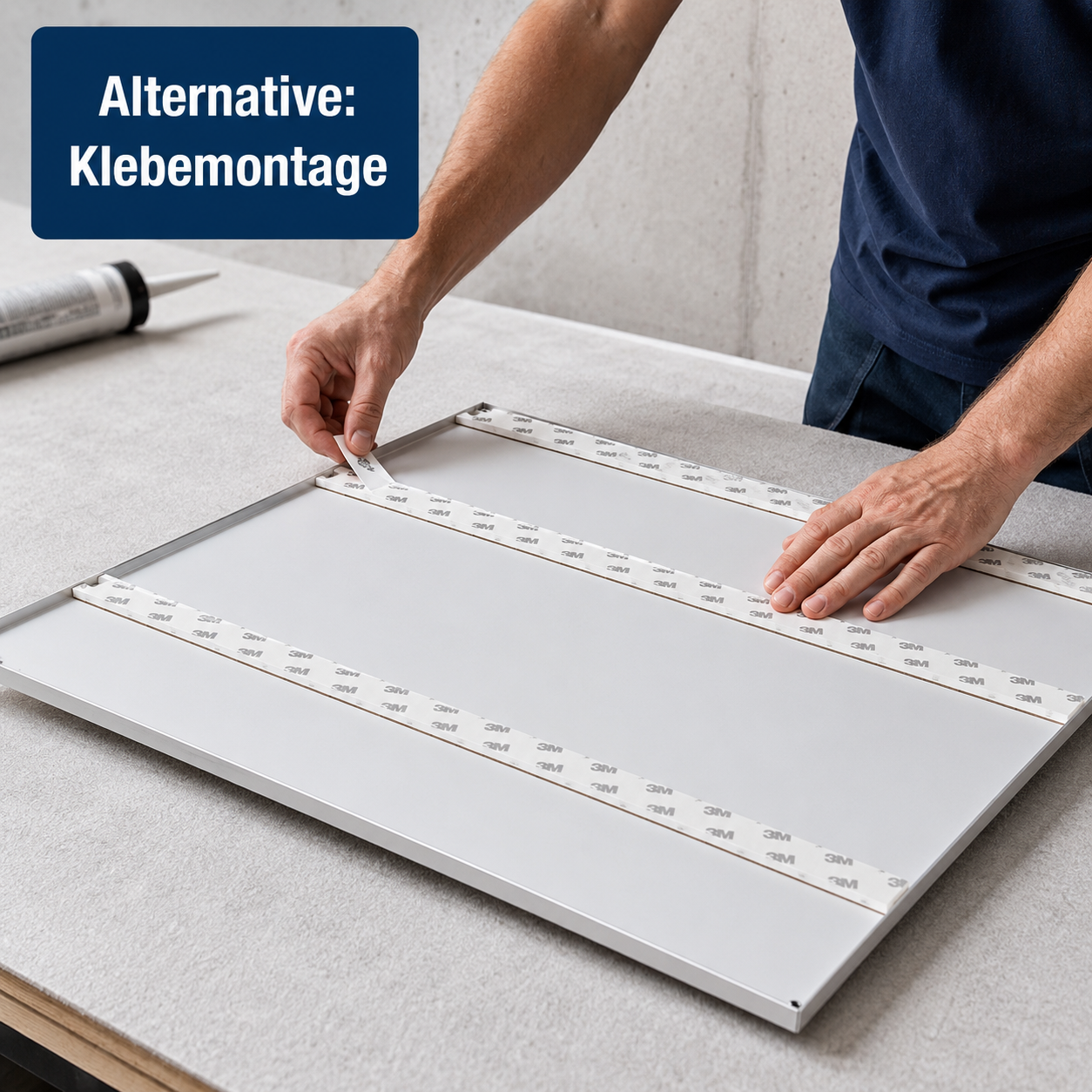 Person bringt selbstklebende 3M-Klebebänder in Streifen auf der Rückseite eines rechteckigen weißen Paneels an; oben links Schriftzug "Alternative: Klebemontage".