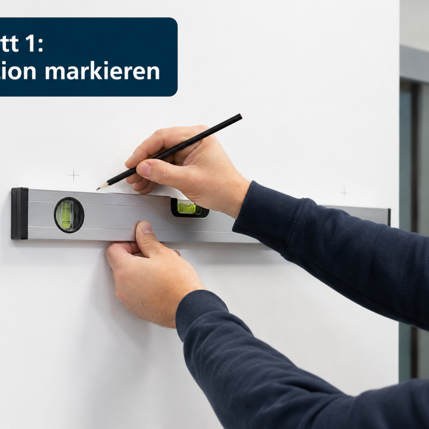 Person markiert mit Bleistift eine waagerechte Position an einer weißen Wand, Wasserwaage gehalten, Textfeld "Schritt 1: Position markieren" sichtbar.
