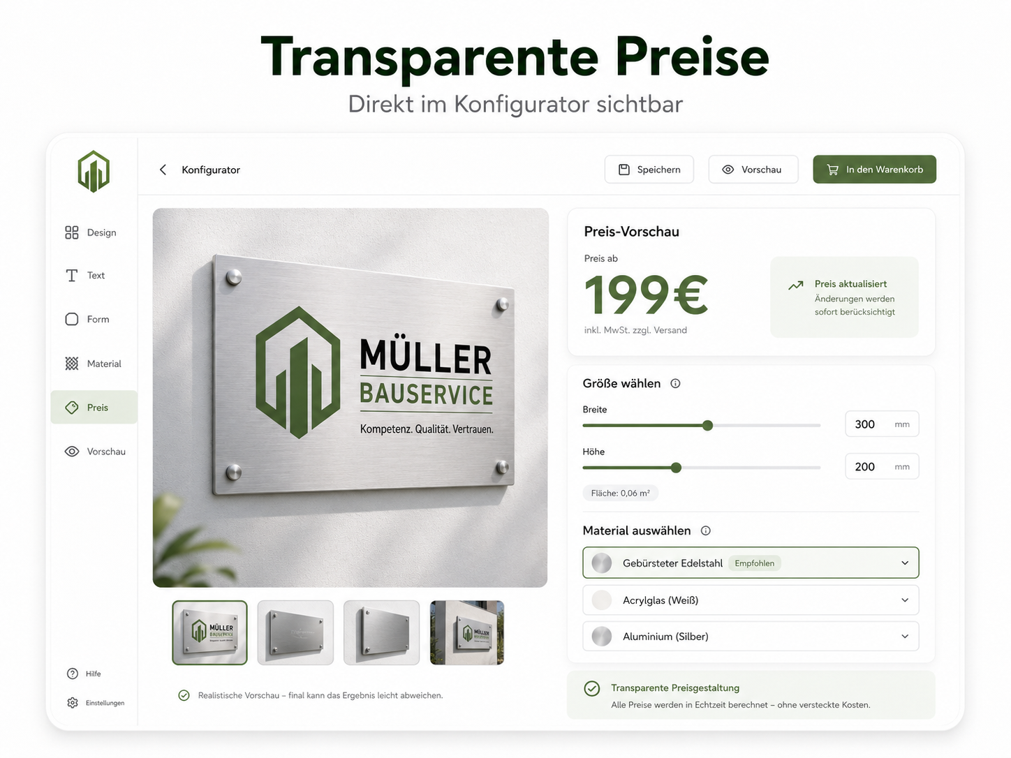 Benutzeroberfläche eines Produktkonfigurators mit Firmenschild-Vorschau, Preisvorschau 199 €, Größen- und Materialauswahl.