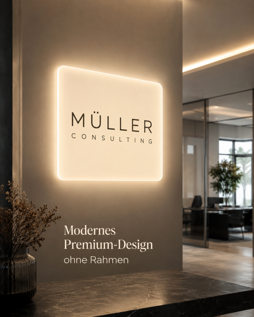 Leuchtendes Wandlogo „MÜLLER Consulting“ in modernem Empfangsbereich, darunter Schriftzug „Modernes Premium-Design ohne Rahmen“.