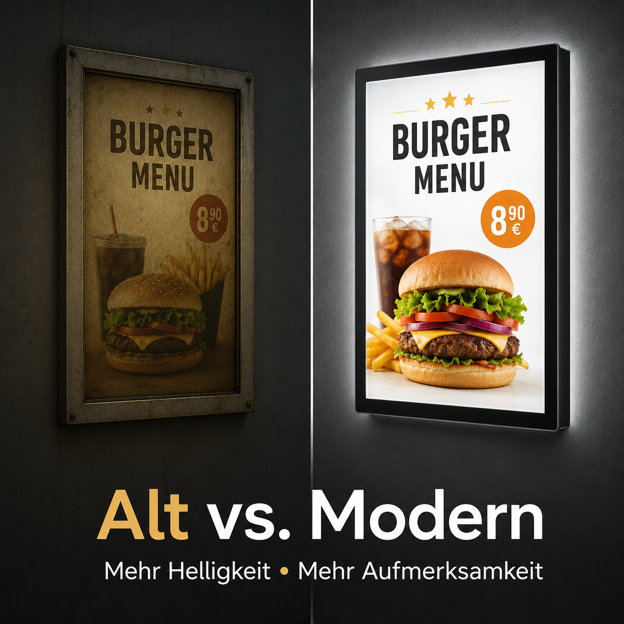 Links verblasstes, altes Poster eines Burger-Menüs; rechts leuchtendes, modernes beleuchtetes Burger-Menü mit Preis und Bild von Burger, Pommes und Getränk.
