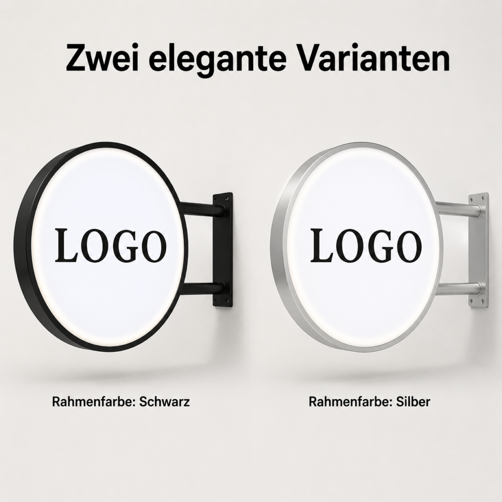 Zwei runde Wandlogos zum Auswählen, links schwarzer Rahmen, rechts silberner Rahmen, beide mit großem Schriftzug "LOGO".