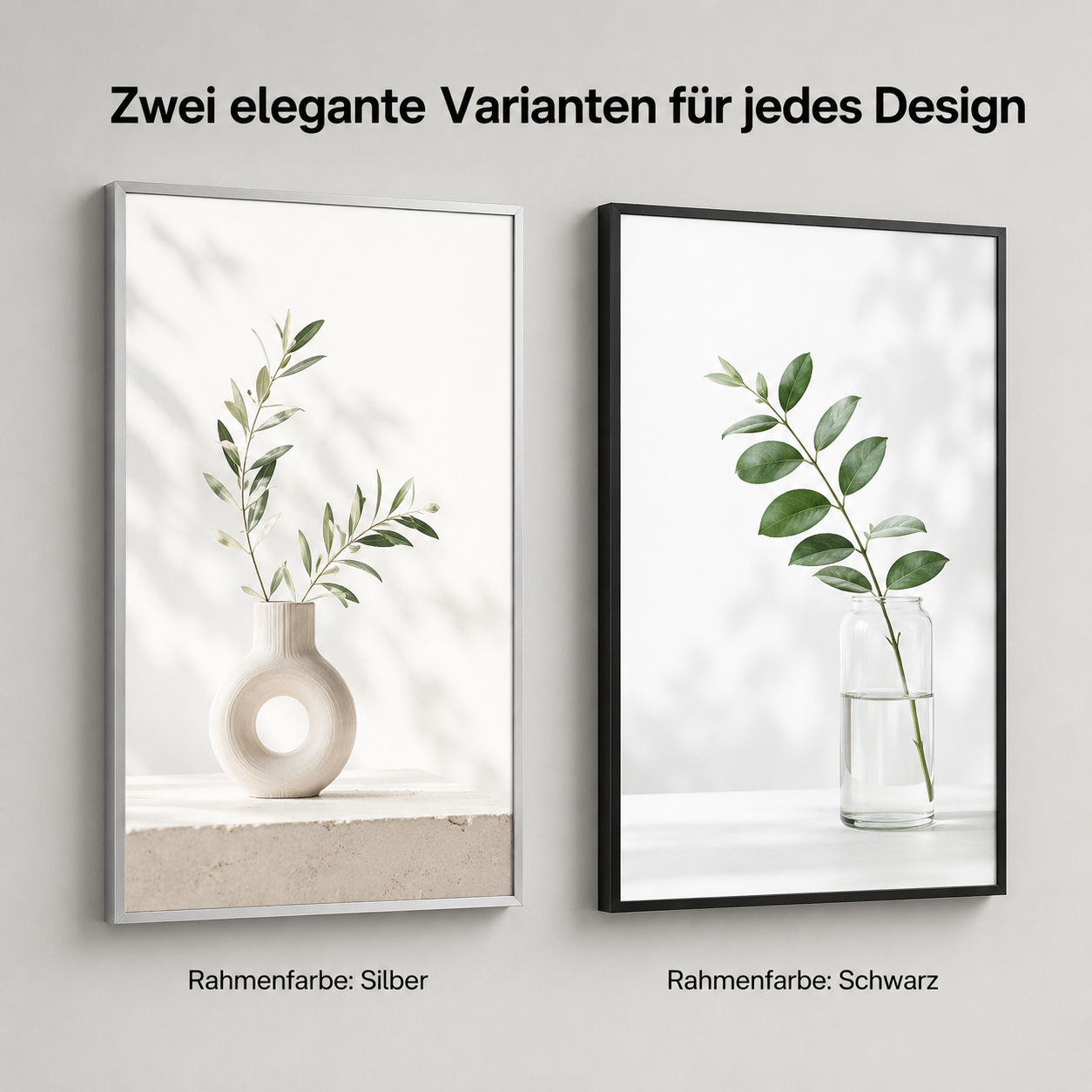 Zwei gerahmte Minimal-Prints mit grünen Zweigen; links heller Keramikkrug in silbernem Rahmen, rechts Glasvase in schwarzem Rahmen.