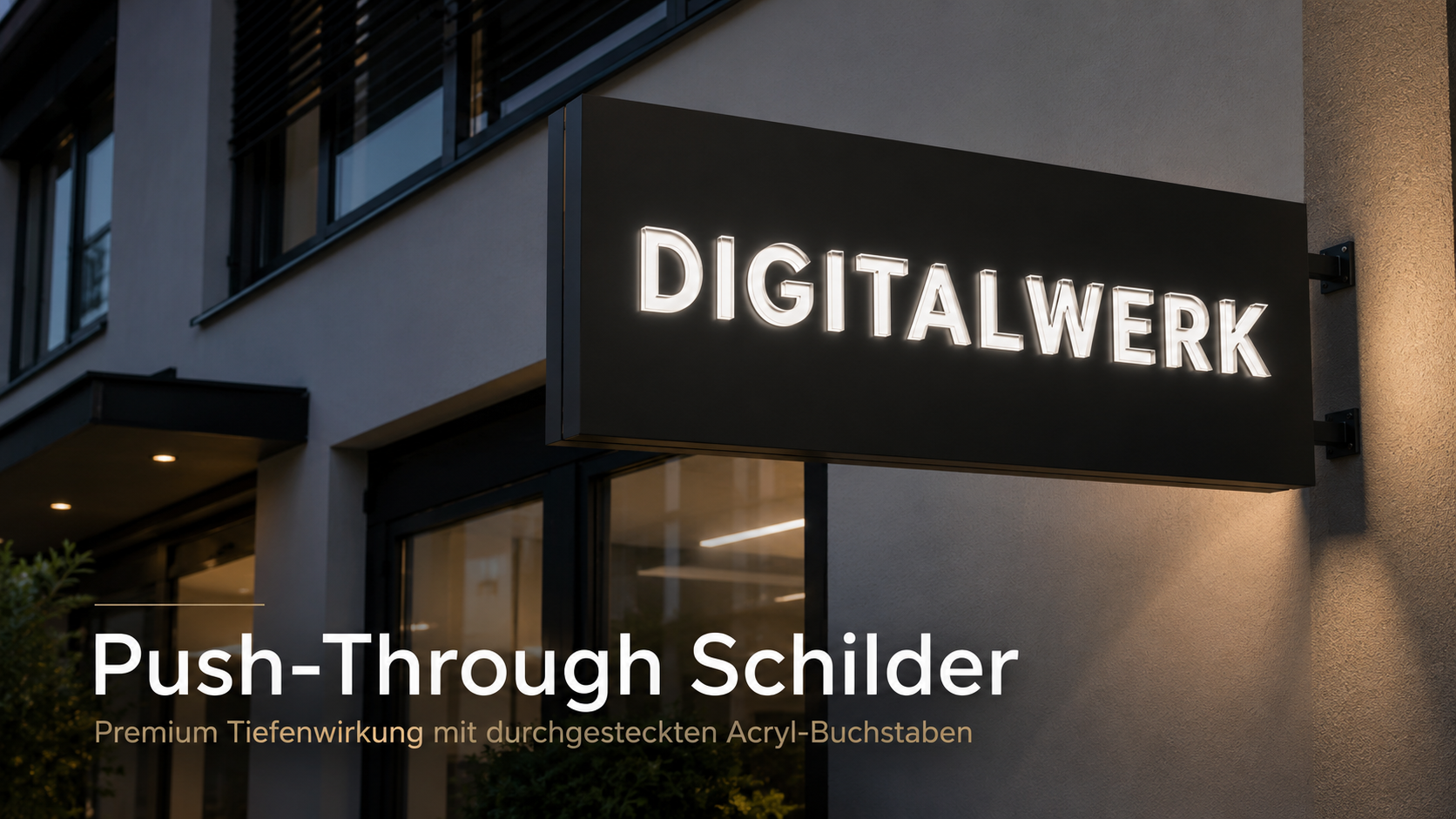 Leuchtendes schwarzes Fassadenschild mit hervorgehobenen Acrylbuchstaben "DIGITALWERK" über einem Geschäftseingang bei Dämmerung, Textbanner unten.