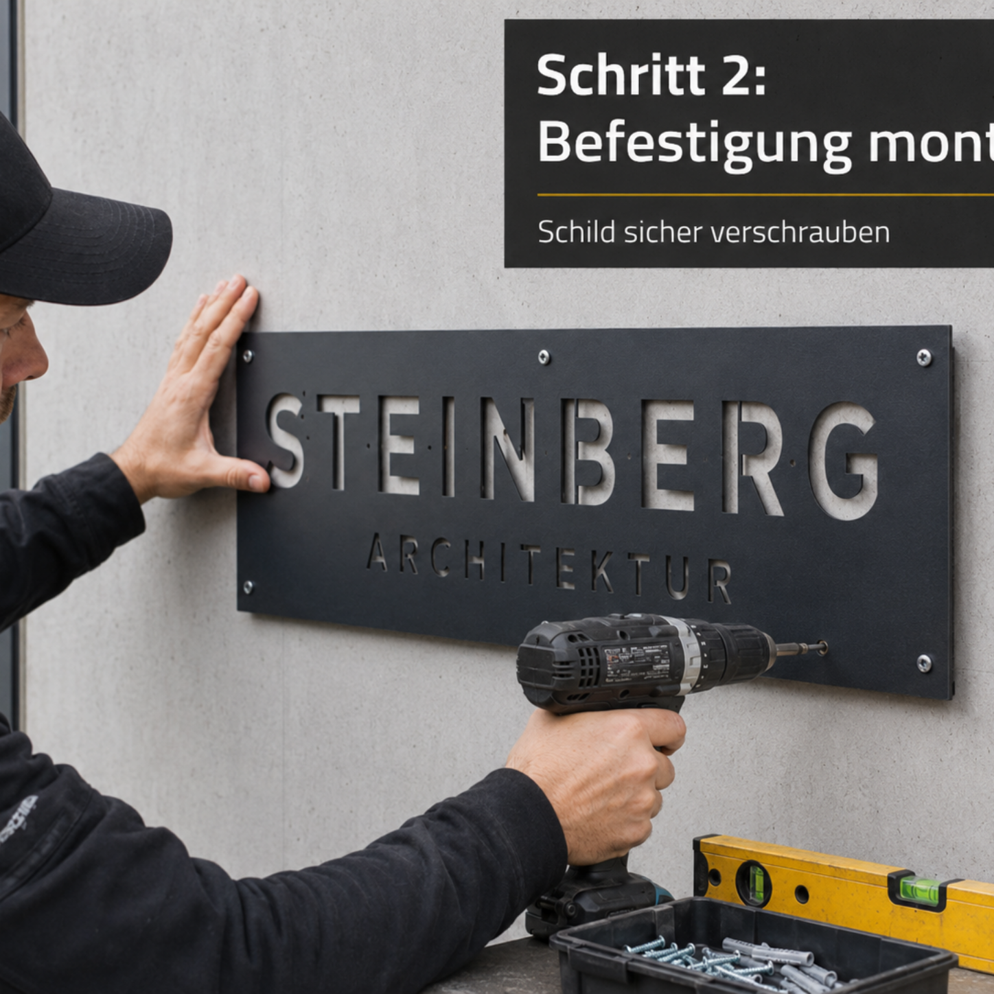 Mann montiert mit Akkubohrschrauber schwarzes Metallschild mit Schrift STEINBERG ARCHITEKTUR an Betonwand, Montageanleitung sichtbar.