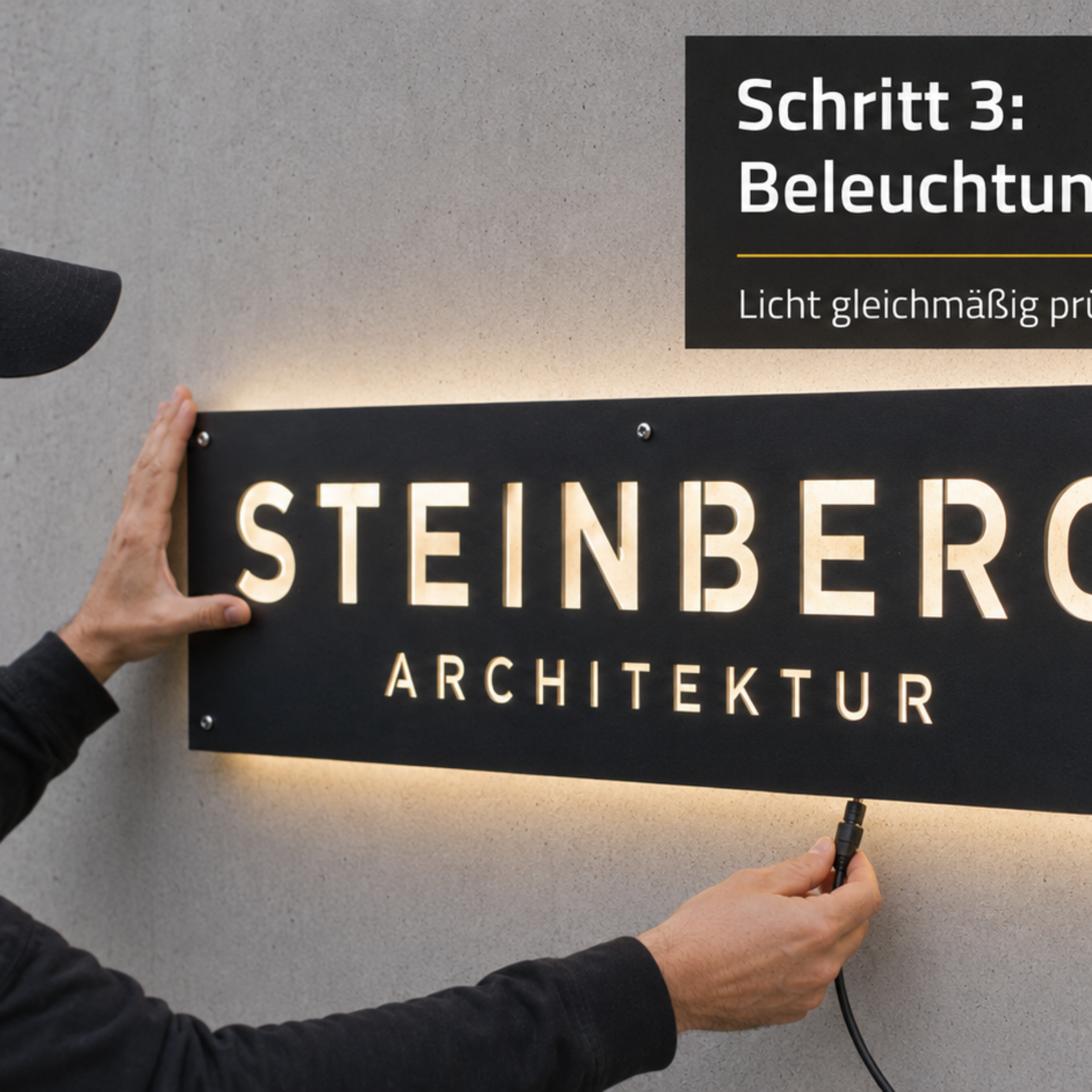 Mann in schwarzer Kappe prüft die hinterleuchtete Haus- oder Firmenschilderplatte mit dem Schriftzug STEINBERG ARCHITEKTUR an einer Betonwand.