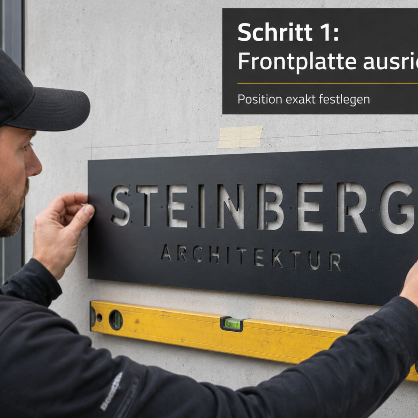 Mann richtet schwarze Metall-Frontplatte mit ausgeschnittenem Schriftzug "STEINBERG ARCHITEKTUR" an einer Betonwand mithilfe einer Wasserwaage aus.