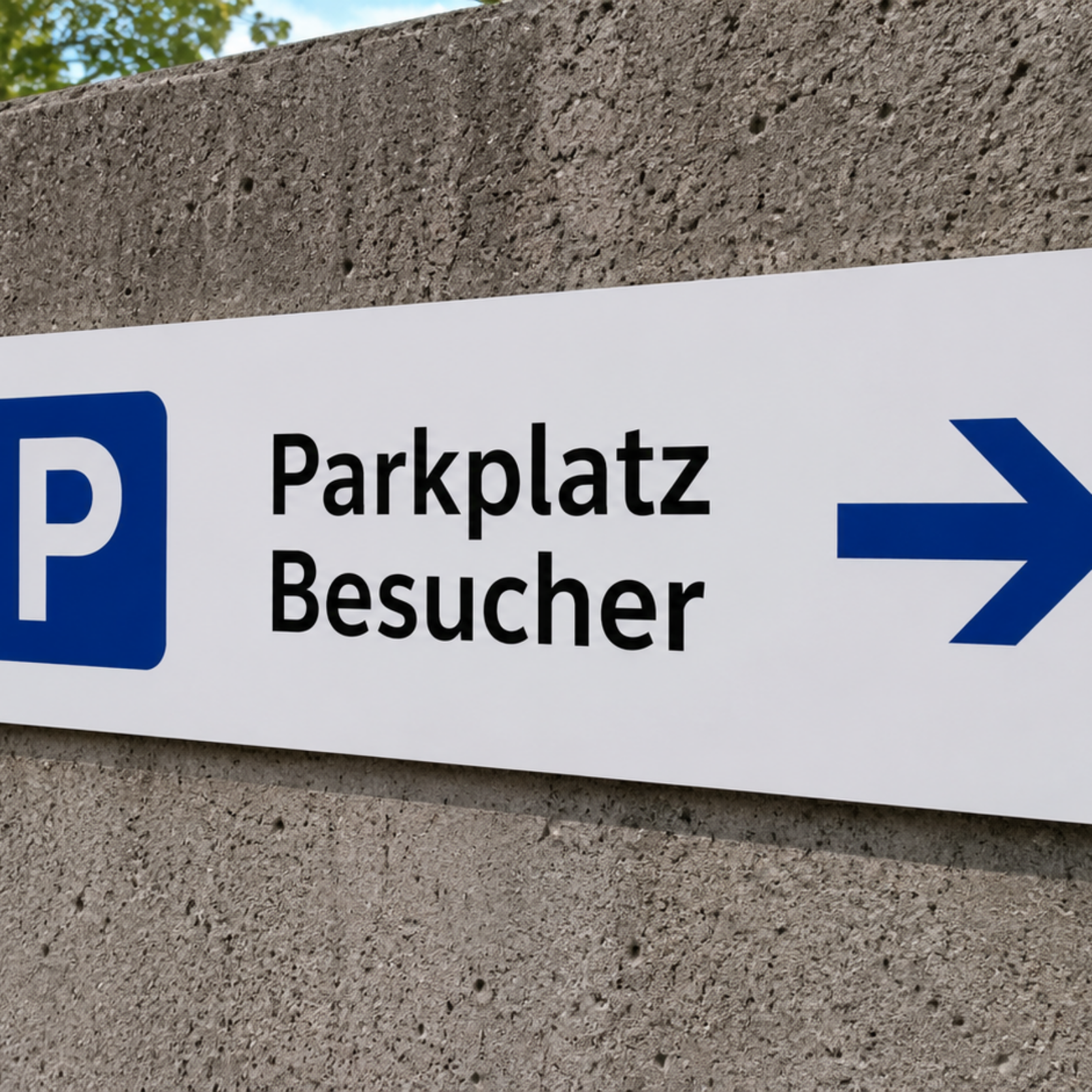 Schild an Betonwand mit blauem Park-Symbol, Text „Parkplatz Besucher“ und einem blauen Pfeil nach rechts.