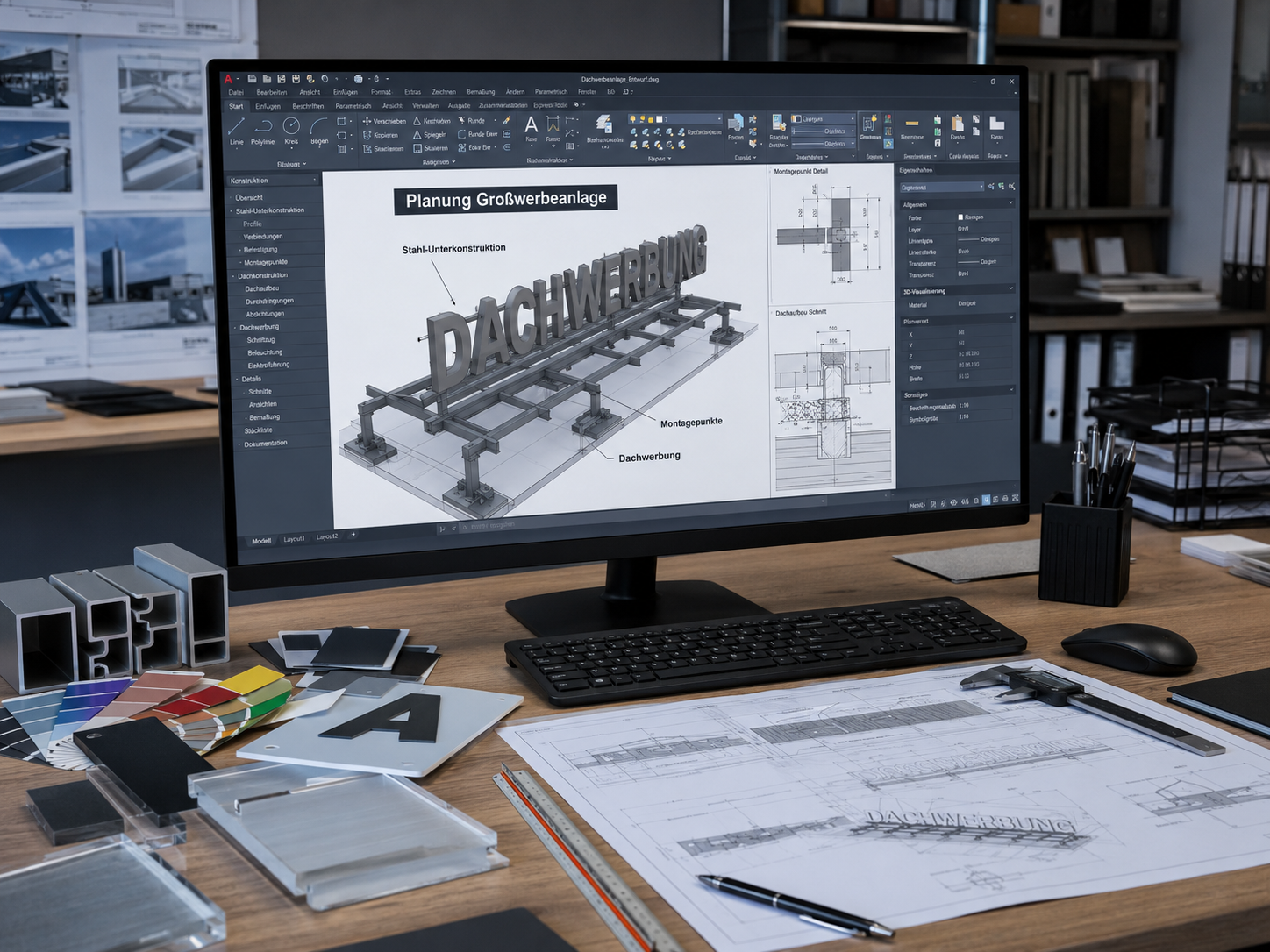 Büroarbeitsplatz mit Monitor, der eine CAD-Planung für eine Großwerbeanlage und Dachwerbung zeigt; daneben Entwürfe und Materialproben