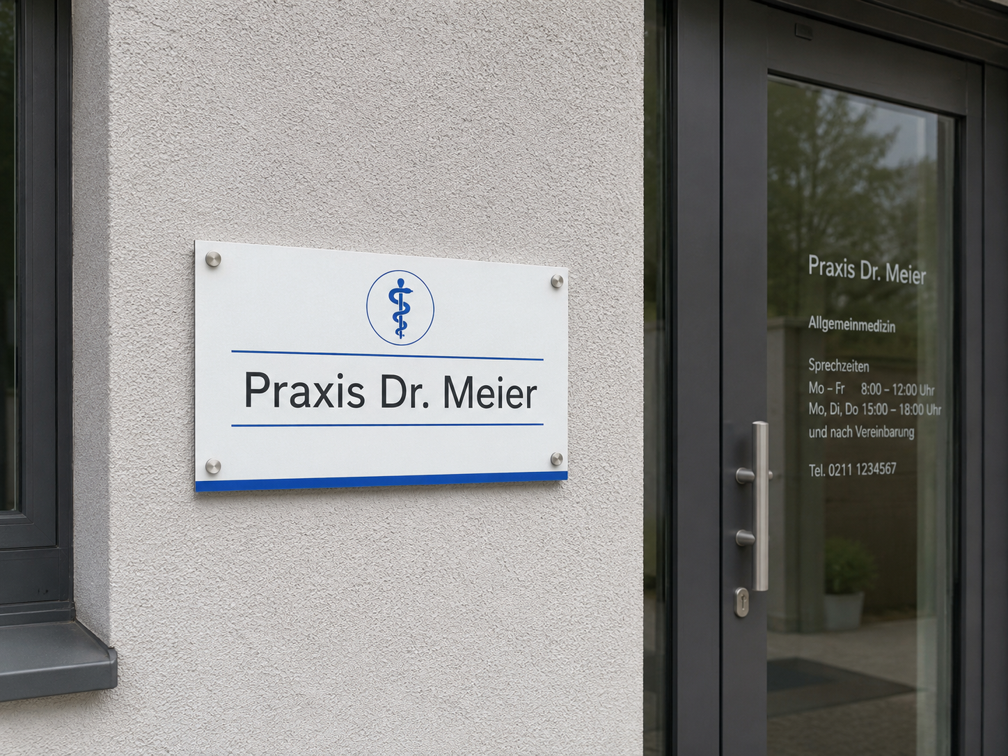 Eingangstür einer Hausarztpraxis mit Schild "Praxis Dr. Meier" und Symbol des Äskulapstabs, Sprechzeiten auf Glastür sichtbar.