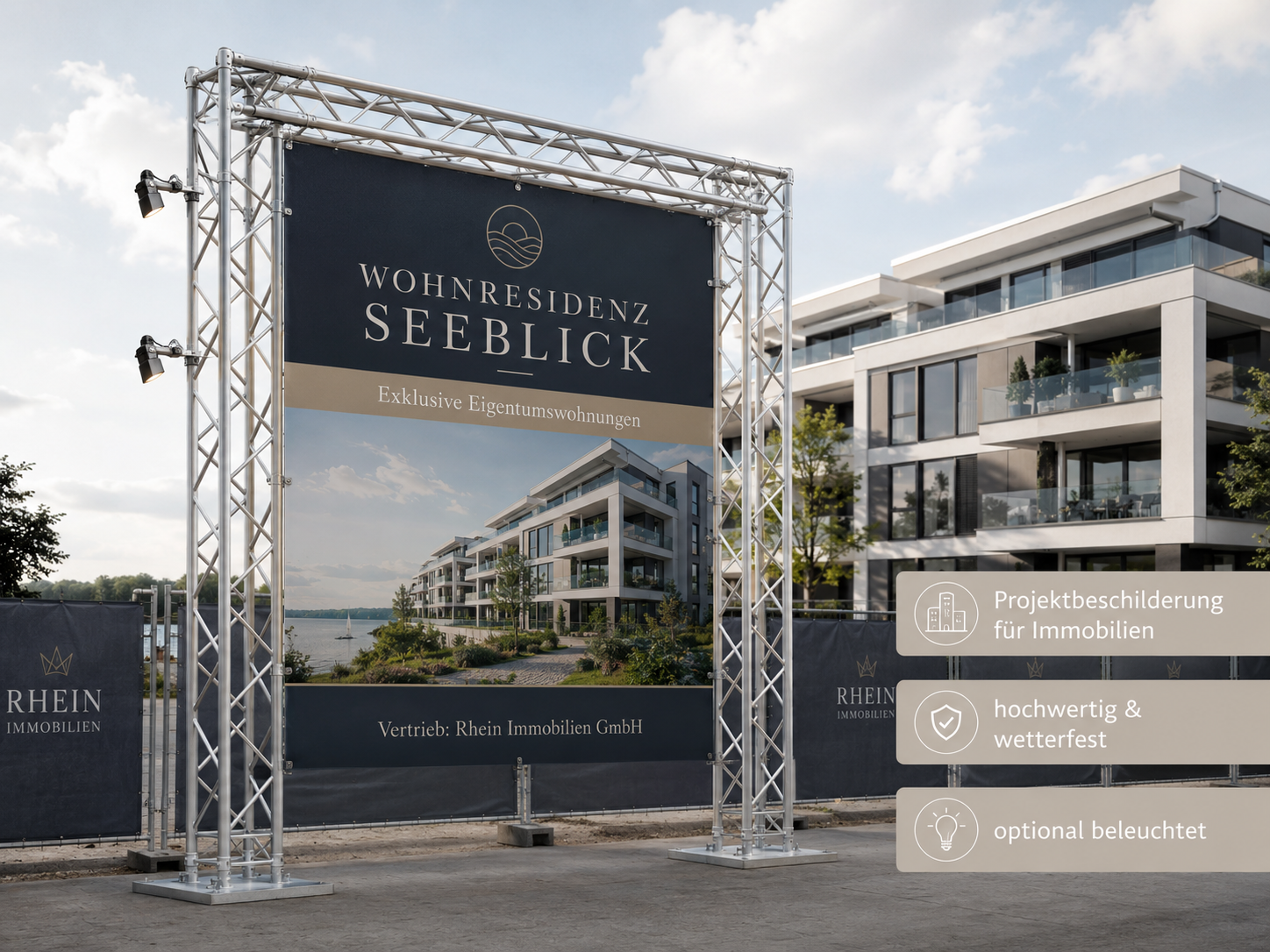 Großes Werbebanner an Metallträgern mit Text „Wohnresidenz Seeblick“, Foto moderner Seeufer-Wohnhäuser und Stichpunkten zu Projektbeschilderung, witterungsfest und beleuchtet