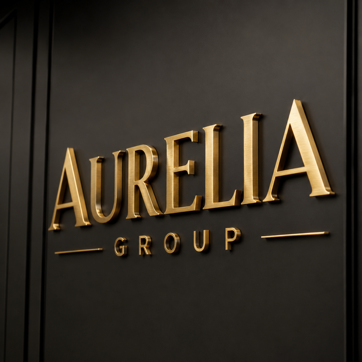 Goldene 3D-Buchstaben "AURELIA" und kleineres "GROUP" auf dunkler Wand, elegantes Firmenschild mit horizontalen Linien.