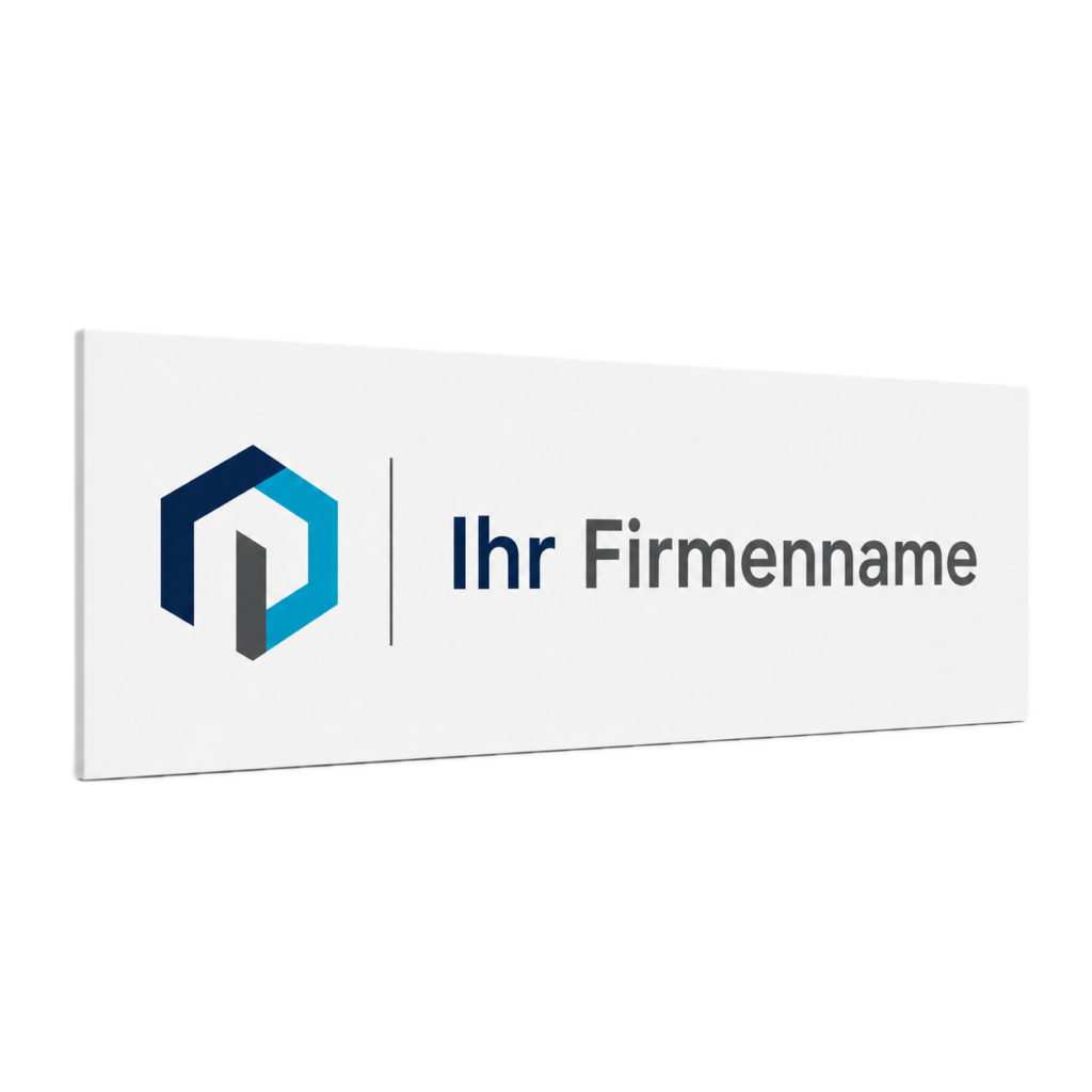 Weißes Firmenschild mit blau-türkis-grauem hexagonalen Logo links und dem Schriftzug "Ihr Firmenname" in Grau und Dunkelblau.