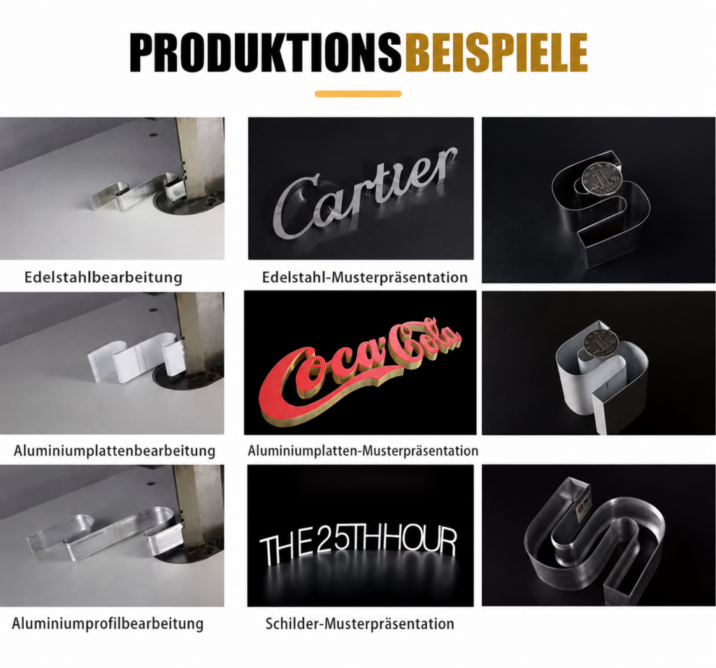 Raster mit neun Produktfotos: oben Titel PRODUKTIONSBEISPIELE, darunter Reihen mit Edelstahl-, Aluminium- und Profilbearbeitung sowie Musterpräsentationen (Cartier, Coca-Cola, THE25THHOUR) und gewundene Metallprofile.